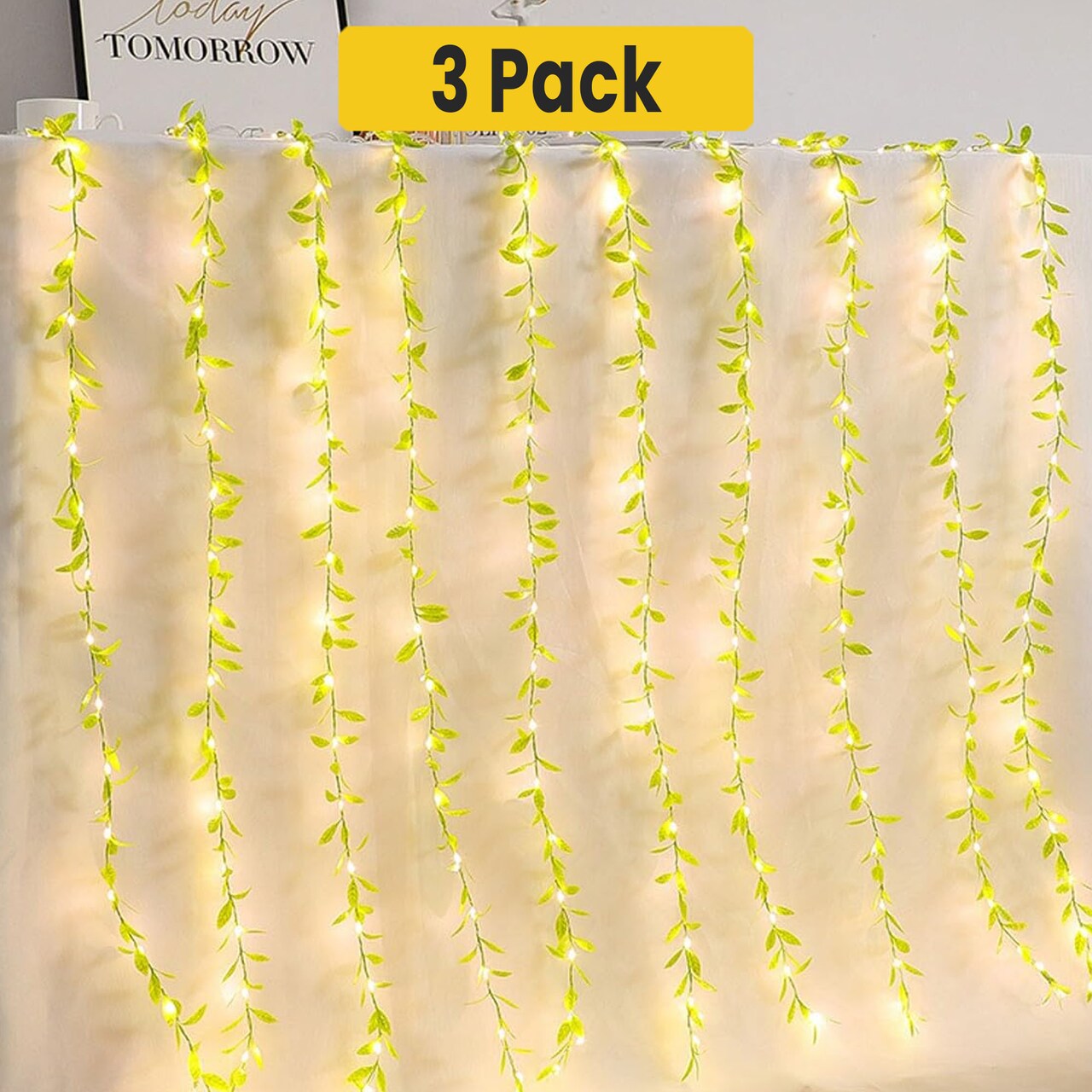 Lush Green Vine Fairy Light Curtain, 96 Warm LEDs, Battery Powered